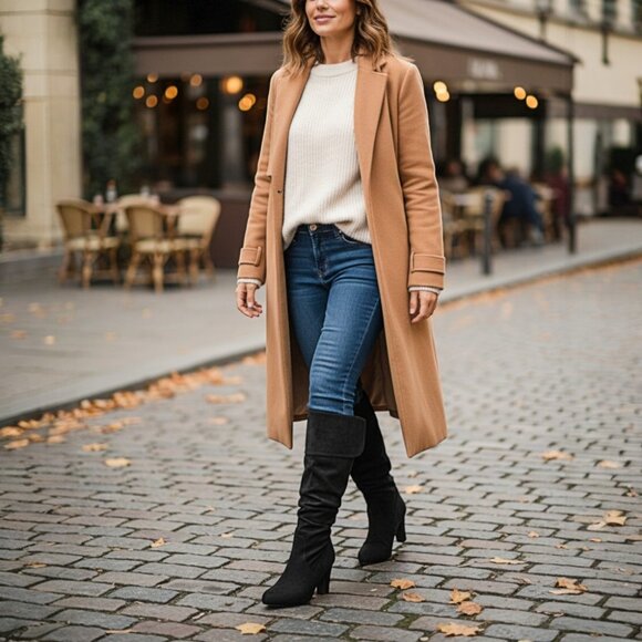 Shoes - Women's Fold-Over Shaft Slouch Knee-High Suede Boots | Side Zip | Slim Heel